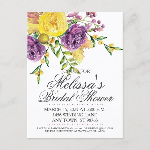 Purple and Yellow Floral Bridal Shower Invitation  Postcard