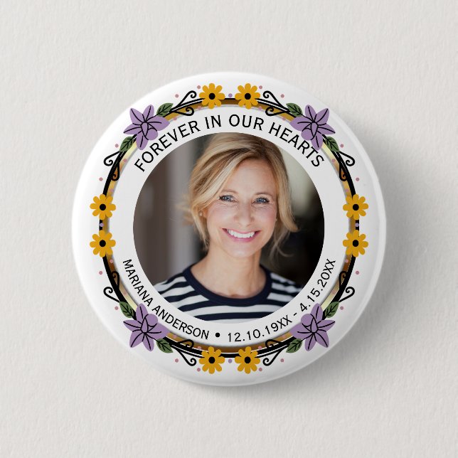 Purple and Yellow Floral Forever in our Hearts  Button (Front)