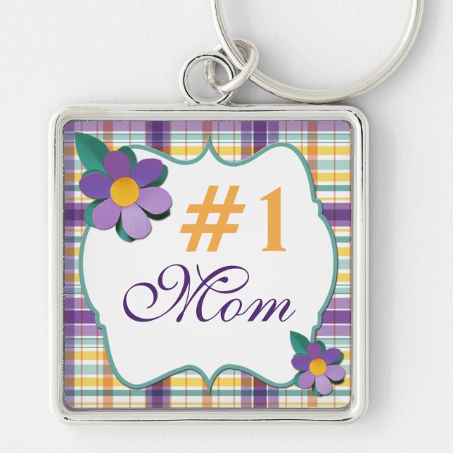 Purple and Yellow Floral on Plaid  #1 Mom Keychain (Front)