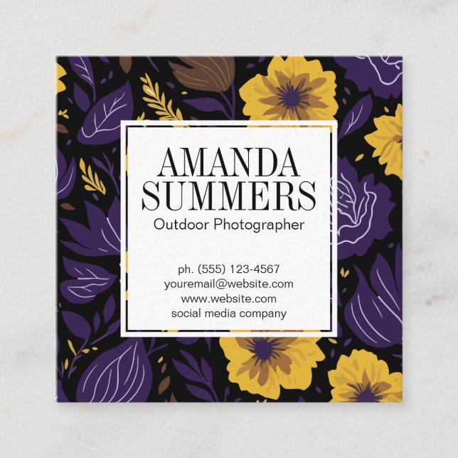Purple and Yellow Floral Pattern Square Business Card (Front)