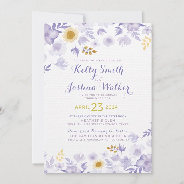 Purple and Yellow Floral Wedding Invitation (Front)