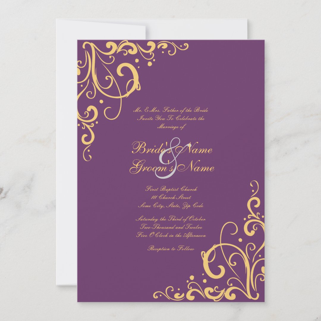 Purple and Yellow Flourish Wedding Invitation | Zazzle