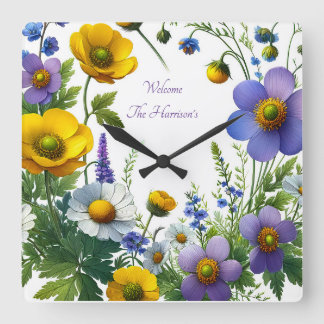 Purple and yellow flower customize text square wall clock