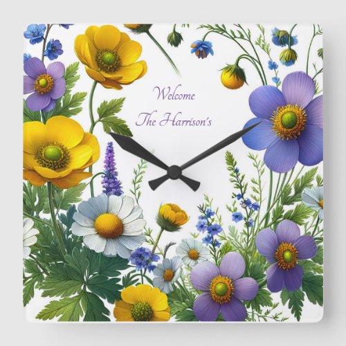 Purple and yellow flower square wall clock