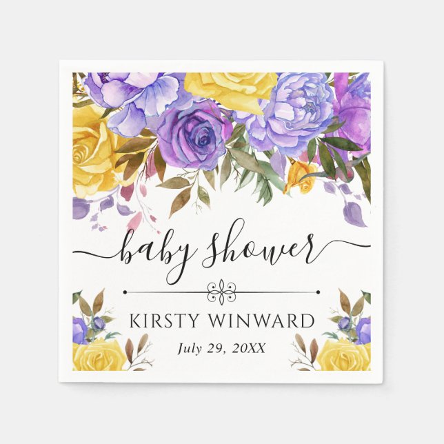 Purple and Yellow Flowers Baby Shower Napkins (Front)