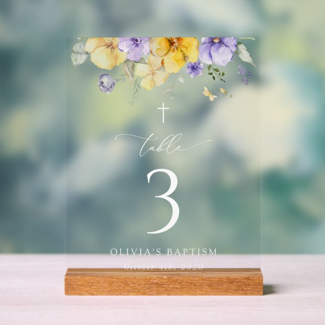 Purple and Yellow Flowers, Baptism Table Numbers Acrylic Sign (Neutral)