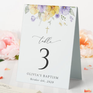 Purple and Yellow Flowers, Baptism Table Numbers Table Tent