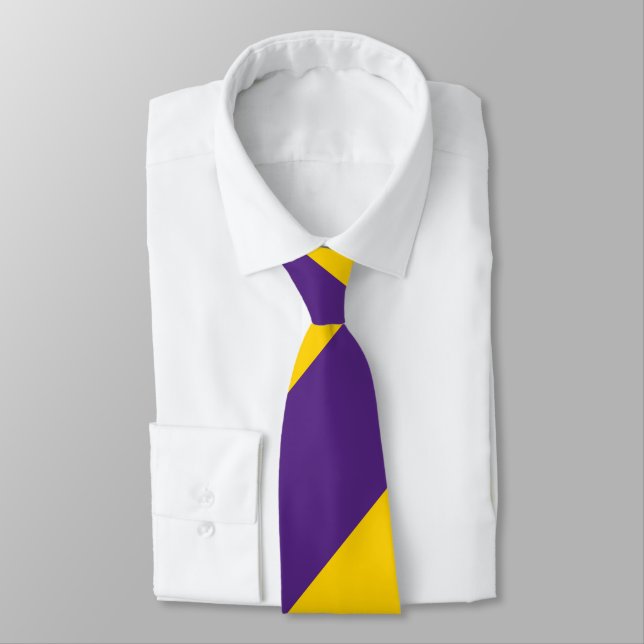 Purple and Yellow-Gold Broad Regimental Stripe Neck Tie (Tied)