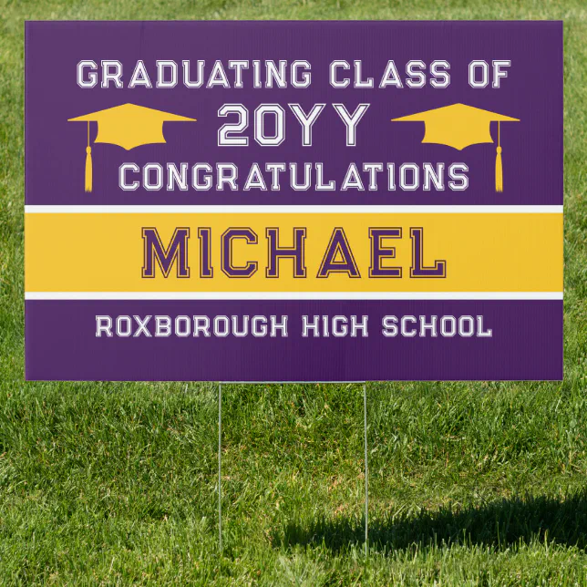 Purple and Yellow Gold School Colors Graduation Sign | Zazzle
