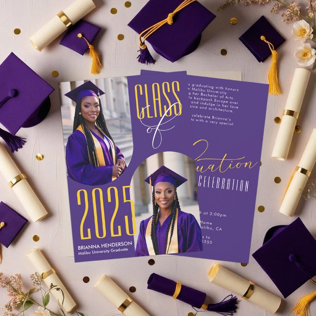 Purple and Yellow Graduation with Arched Photos Invitation (Purple and Yellow Gold Graduation Invitation)