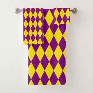 Purple and Yellow Harlequin Checkered Design Bath Towel Set