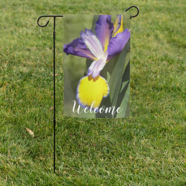 Purple and Yellow Iris Floral Welcome Garden Flag (In SItu)