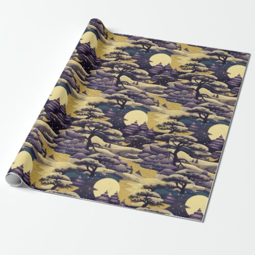Purple and Yellow Japanese Countryside Scene Wrapping Paper