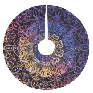 Purple and yellow mandala: hand-drawn design brushed polyester tree skirt