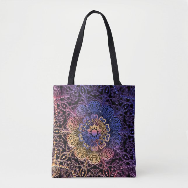 Purple and yellow mandala: hand-drawn design tote bag (Front)