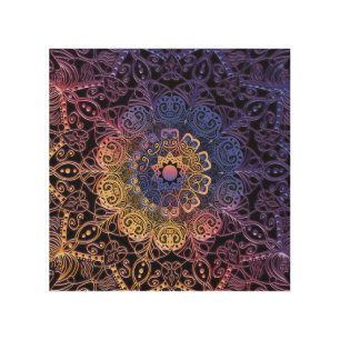 Purple and yellow mandala: hand-drawn design wood wall art