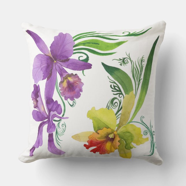 Purple and Yellow Orchid Flowers Watercolour Outdoor Pillow (Front)