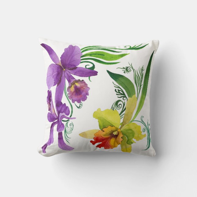 Purple and Yellow Orchid Flowers Watercolour Throw Pillow (Front)