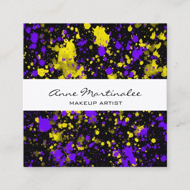 Purple and Yellow Paint Splatter on Black Square Business Card (Front)