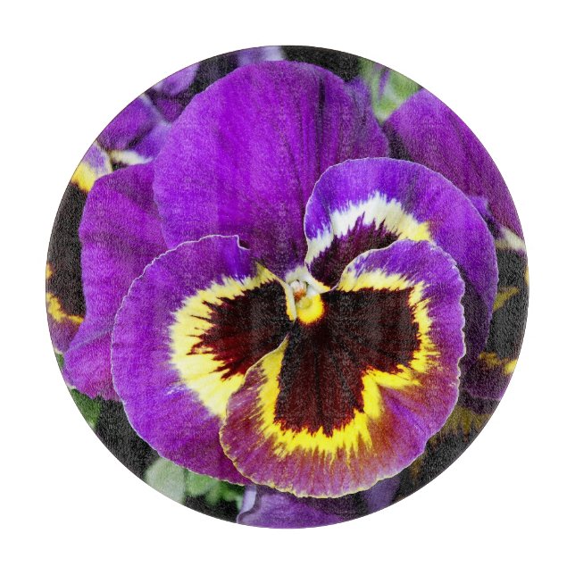 Purple and yellow pansy flower cutting board (Front)