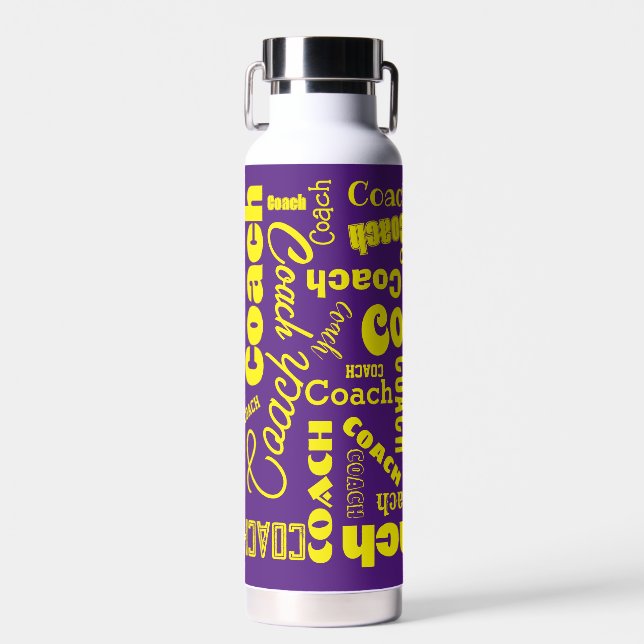 Purple and Yellow Personalized Coach Gift Name Art Water Bottle (Front)