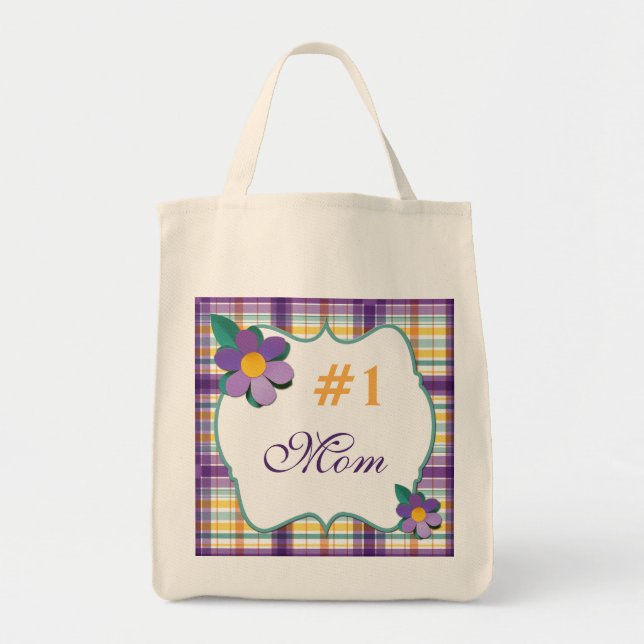 Purple and Yellow Plaid #1 Mom Grocery Tote Bag (Front)