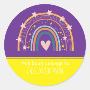 Purple and yellow rainbow kids name classic round sticker