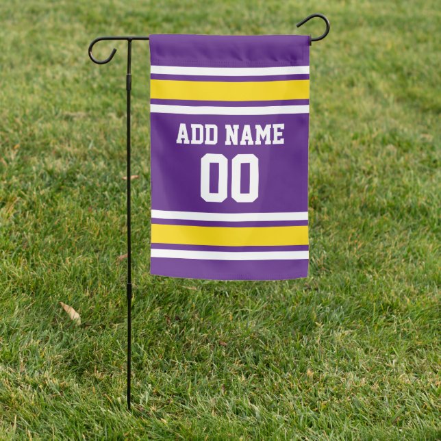 Purple and Yellow Sports Jersey Custom Name Number Garden Flag (In SItu)