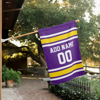 Purple And Yellow Sports Jersey Custom Name Number House Flag by MyRazzleDazzle at Zazzle