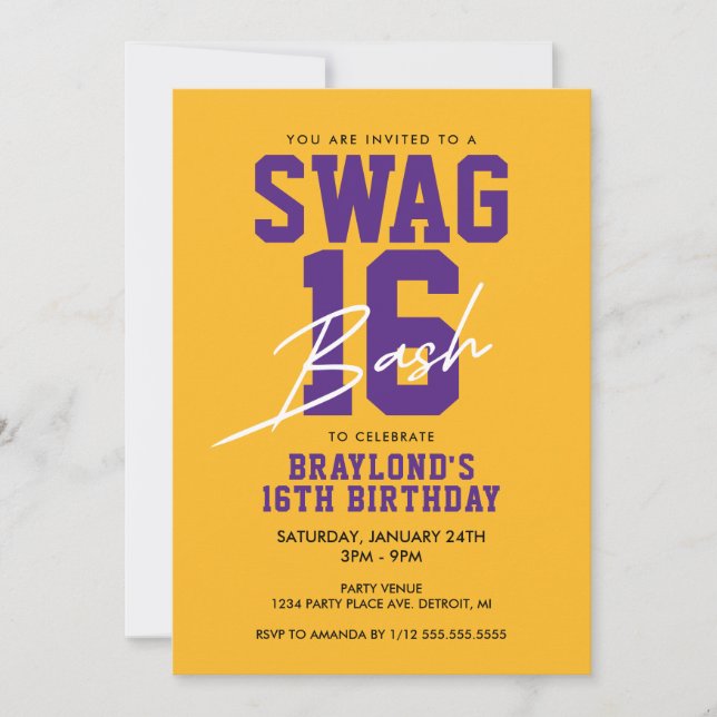 Purple and Yellow Swag 16 Birthday Invitation (Front)