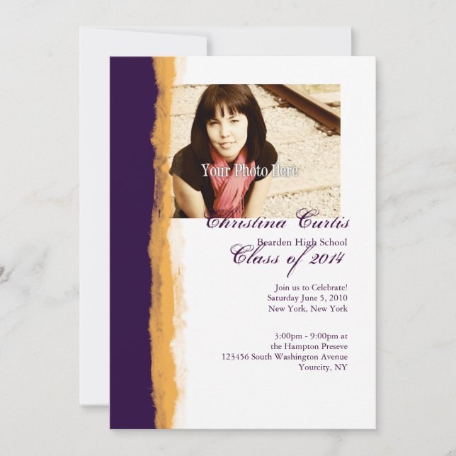 Purple and Yellow Torn Paper Graduation Invitation (Front)