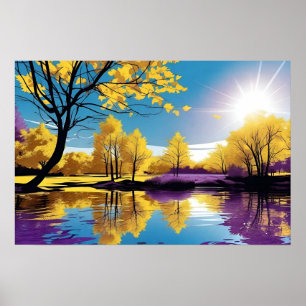 Purple and Yellow Tree Reflection on Peaceful Lake Poster