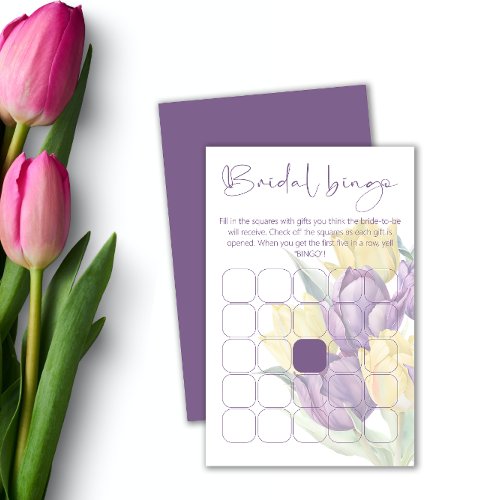 Purple and yellow tulips bridal shower bingo game