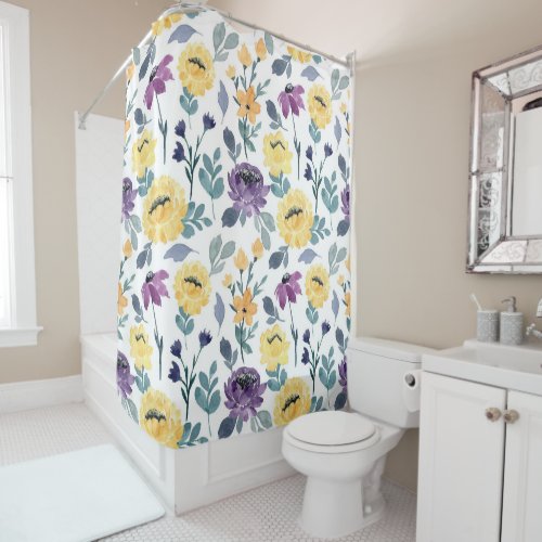 Purple and yellow watercolor flowers shower curtain
