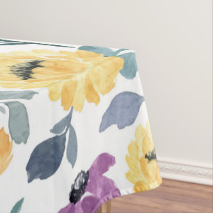 Purple and yellow watercolor flowers tablecloth