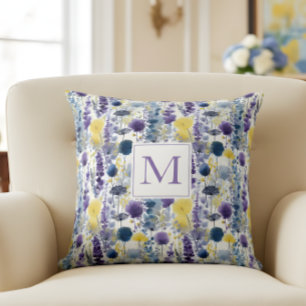 Purple and Yellow Watercolor Wildflower Monogram Throw Pillow