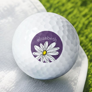 Purple and Yellow Whimsical Daisy Add Name Golf Balls