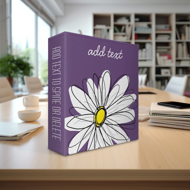 Purple and Yellow Whimsical Daisy Custom Text 3 Ring Binder (Personalized 3-Ring Binder - Add Your Name or Other Text - Customize Completely in the design studio)