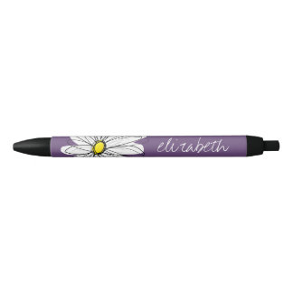 Purple and Yellow Whimsical Daisy Custom Text Black Ink Pen