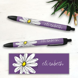 Purple and Yellow Whimsical Daisy Custom Text Black Ink Pen