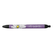 Purple and Yellow Whimsical Daisy Custom Text Black Ink Pen (Front)