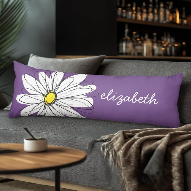 Purple and Yellow Whimsical Daisy Custom Text Body Pillow (Custom Monogram Body Pillow)