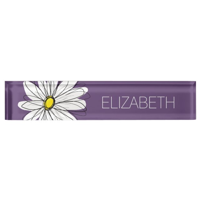 Purple and Yellow Whimsical Daisy Custom Text Desk Name Plate (Front)