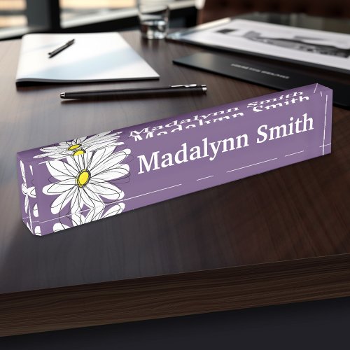 Purple and Yellow Whimsical Daisy Custom Text Desk Name Plate