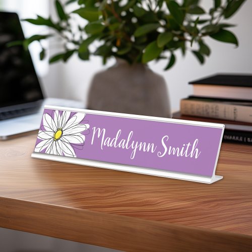 Purple and Yellow Whimsical Daisy Custom Text Desk Name Plate