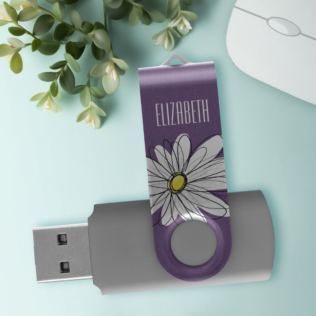 Purple and Yellow Whimsical Daisy Custom Text Flash Drive (Personalized USB Flash Drive)