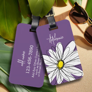 Purple and Yellow Whimsical Daisy Custom Text Luggage Tag