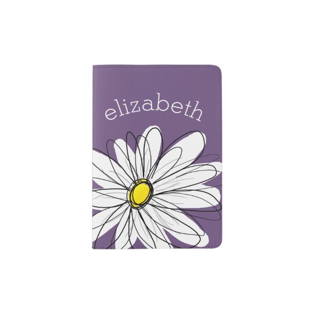 Purple and Yellow Whimsical Daisy Custom Text Passport Holder (Front)