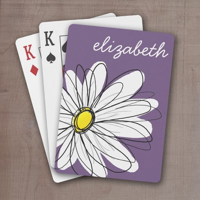 Purple and Yellow Whimsical Daisy Custom Text Poker Cards (Personalized playing cards - purple whimsical daisy)