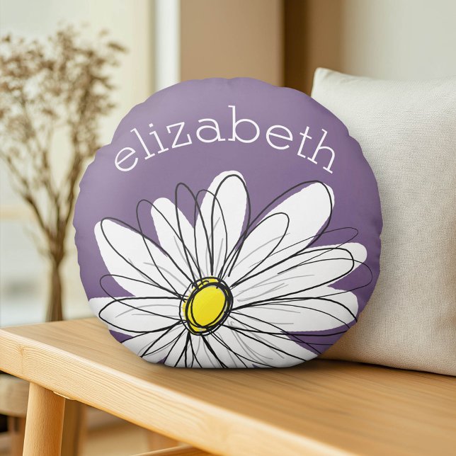 Purple and Yellow Whimsical Daisy Custom Text Round Pillow (Custom Pillow)
